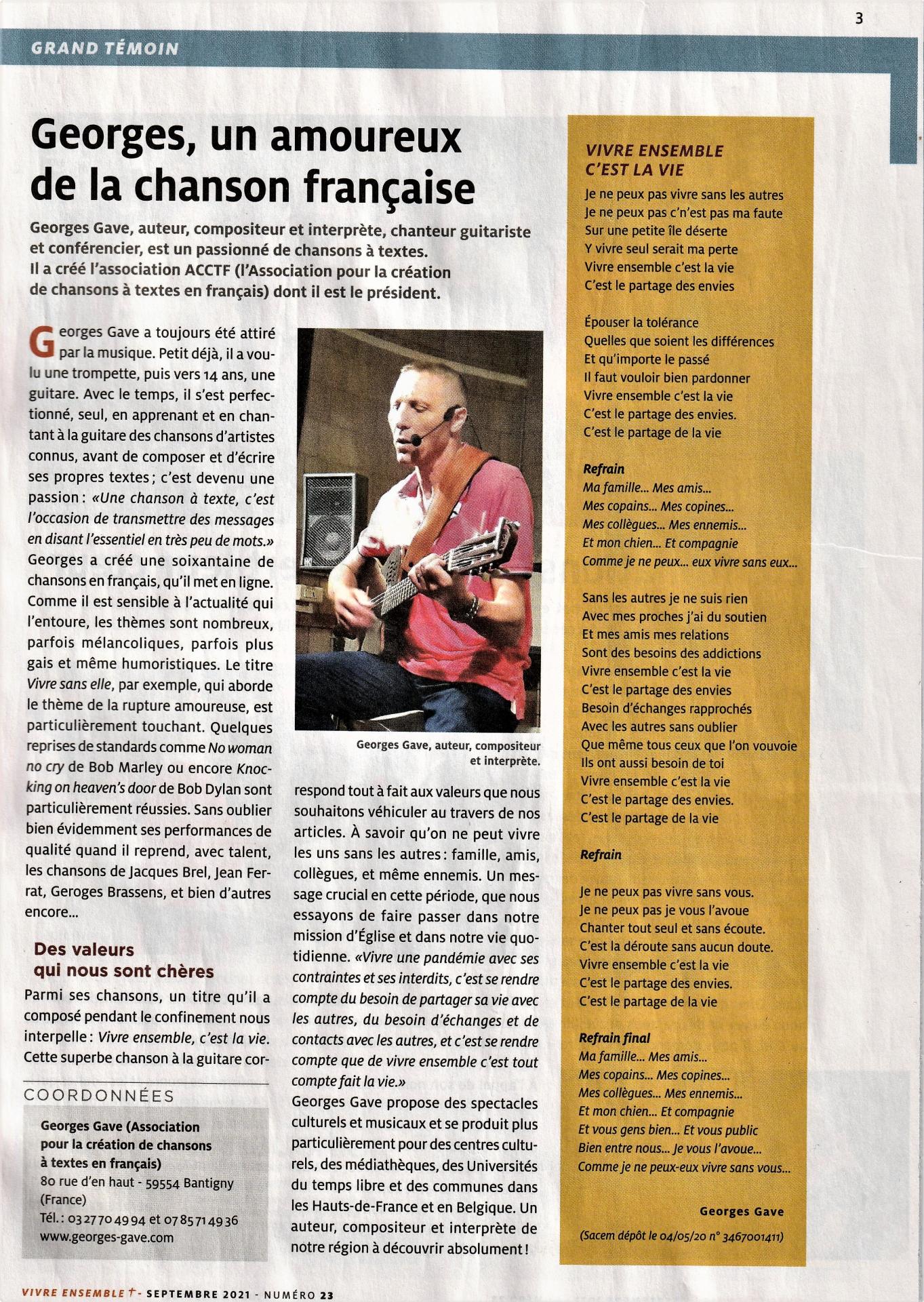 Article du journal vivre ensemble de sept 2021